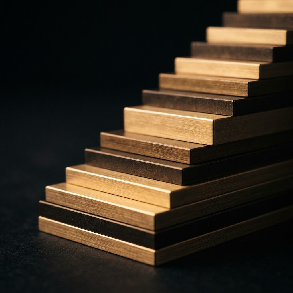 Ascending brushed-gold layers representing staged portfolio growth