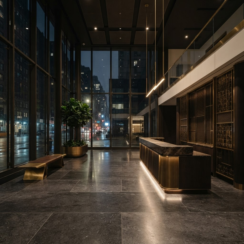 Commercial office lobby with dark stone and brass detailing