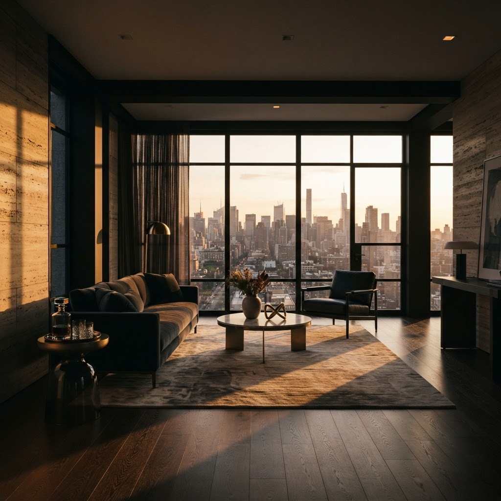 Golden-hour light across a AURELION-managed penthouse residence