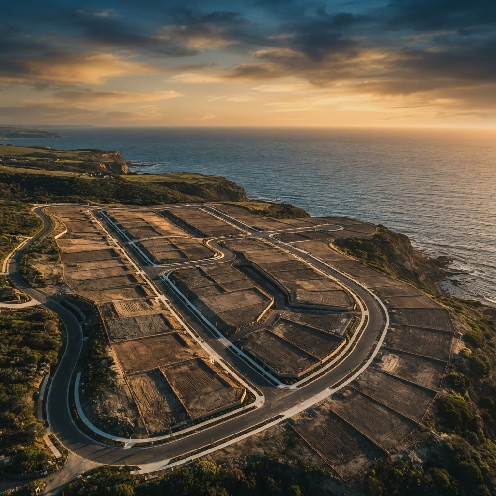 Aerial view of a suburban land subdivision at golden hour