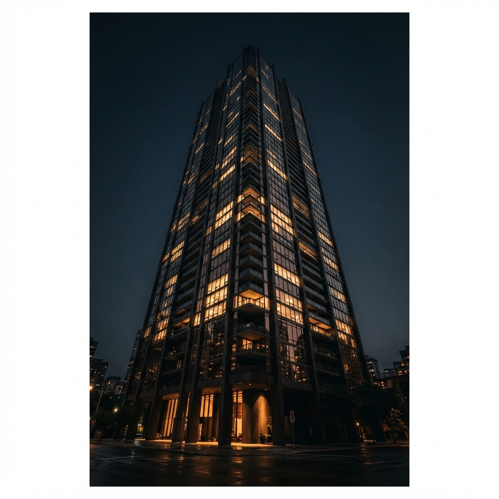 Contemporary residential apartment building at dusk